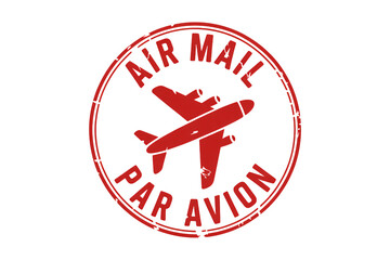 Vintage red air mail stamp with airplane graphic