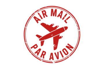 Vintage red air mail stamp with airplane graphic