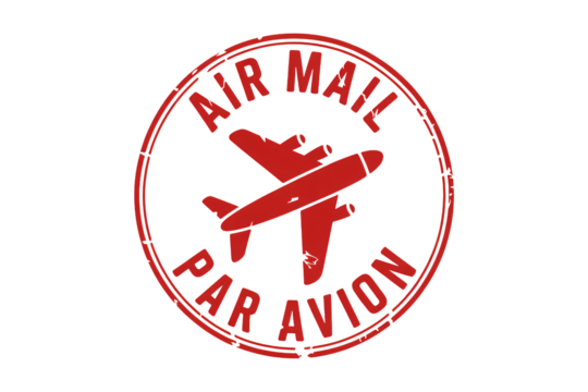 Vintage red air mail stamp with airplane graphic