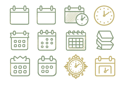 Different calendar and clock designs in a simple layout for planning and scheduling activities