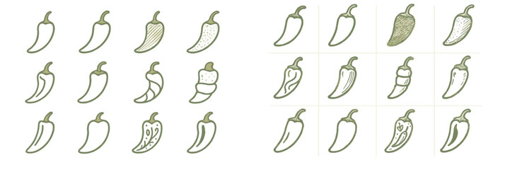 A collection of chili pepper illustrations arranged in a grid, displaying a variety of shapes, sizes, and designs