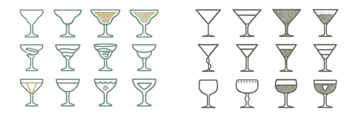 Creative cocktail glass designs showcasing various drinks and styles for a festive occasion or bar menu