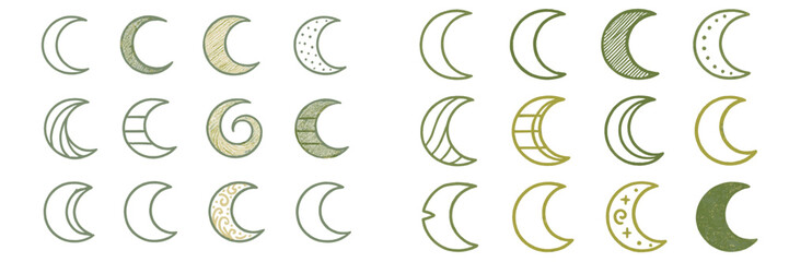 Crescent moon designs showing various patterns and styles in a decorative arrangement