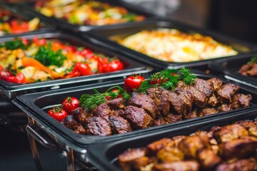 Buffet displaying various hot food dishes for catering event
