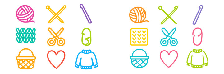Colorful knitting and crochet illustrations featuring crafting supplies, yarn, and handmade items in a playful arrangement