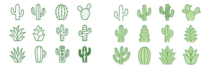 Collection of hand-drawn cactus illustrations showcasing various types and shapes in a green color palette © PAPA STOCK
