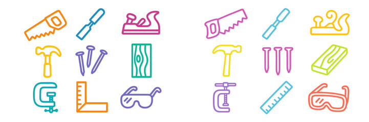 Colorful outline icons representing various woodworking tools and equipment placed against a white background