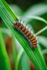 Fototapeta premium Hairy caterpillar crawling on green leaf in nature