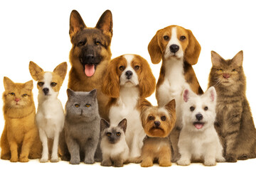 Obraz premium Group of diverse dogs and cats representing friendship, companionship, and pet ownership on transparent background