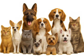 Group of diverse dogs and cats representing friendship, companionship, and pet ownership on transparent background