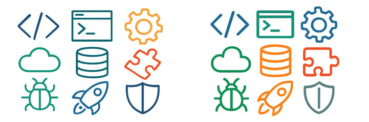 Colorful icons representing coding, technology, and digital solutions for modern software development