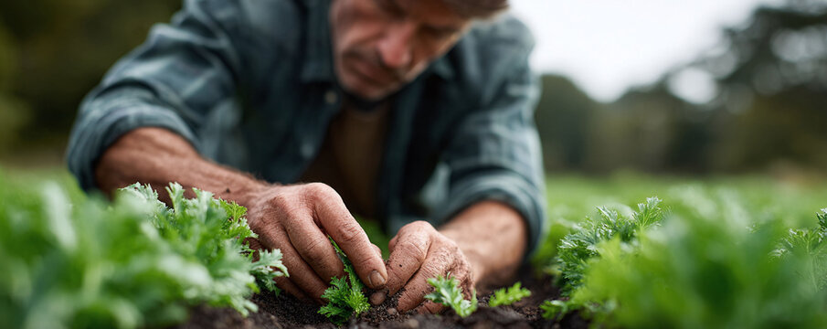 Focused farmer gently plants seedlings in rich soil, nurturing new life. Represents growth, care, and connection to nature. Ideal for agriculture or health themes.