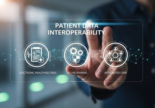 A hand is touching a transparent screen with the words patient data interoperability on it, with icons of electronic health records, data security, and clinical trials