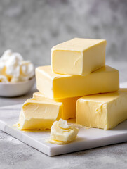 butter blocks stacked on white surface with sliced piece and curled pat in foreground beside bowl of whipped dairy in soft natural light