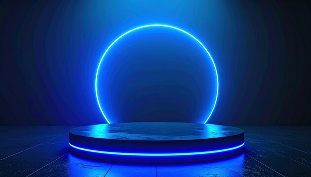 Background podium 3D light neon blue platform stage product abstract. Scene background 3D podium dark pedestal room glow studio empty stand floor night modern circle show 