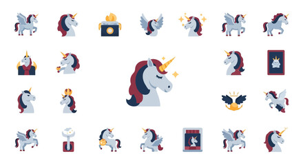 Fototapeta premium Set of magical unicorn and pegasus fantasy icons.