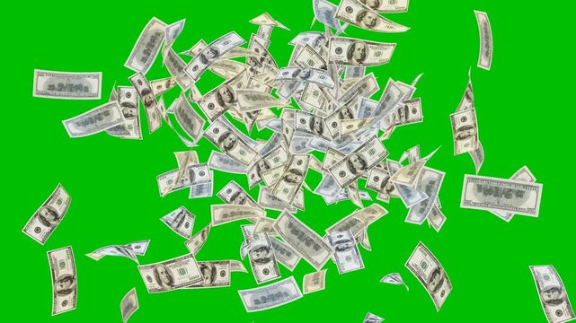 3D Money Rain Green Screen &ndash; Realistic Dollar Bills Falling Down Animation with Alpha Matte and Chroma Key Overlay, Banknotes Explosion Effect Perfect for Finance, Wealth, and Business Videos.