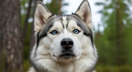 Close-up portrait of a beautiful Siberian Husky dog with striking blue eyes in a forest setting.