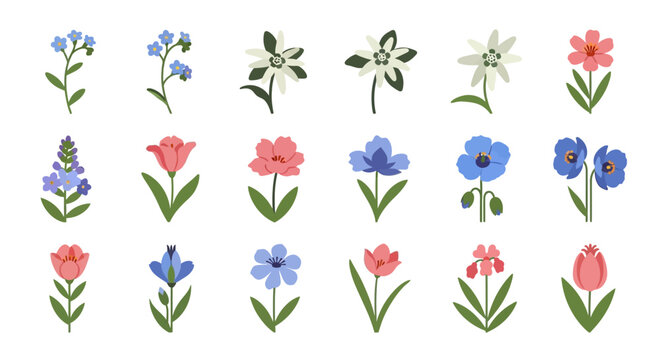 Set of various stylized flowers vector illustrations collection.