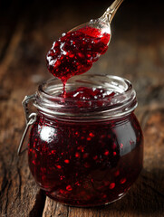 close-up of glass jar filled with dark red raspberry jam with visible seeds and fruit chunks, spoon dripping jam above rustic wooden surface for rich and homemade culinary presentation