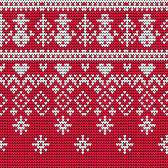 Red Knitted Christmas Pattern with Snowmen and Nordic Ornaments Seamless Winter Sweater Design