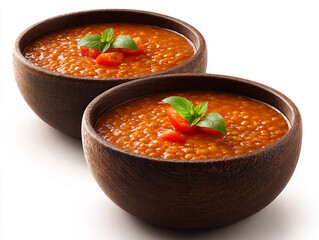 Warm and hearty lentil soup in rustic wooden bowls, garnished with fresh basil and cherry tomatoes.