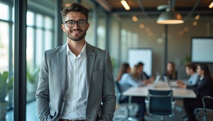 Fototapeta premium Young businessman poses in office. Man wears suit and glasses. Group sits at table on background. Happy worker smiles looking to camera. Confident leader shows success at job indoors.