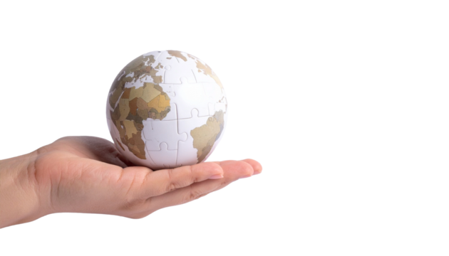A hand holding a small globe, symbolizing global awareness and responsibility. The globe is resting in the palm, suggesting care
