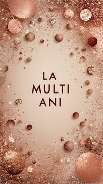 festive greeting design featuring &ldquo;LA MULTI ANI&rdquo; in bold capital letters centered over rich background of sparkling brown, copper, and rose gold circular elements for elegant and celebratory