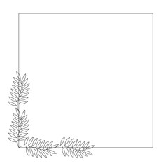 Thin square frame with floral hand drawn decor of leaves branch, outline illustration. Ornamental elegant border for invitations, greeting cards, banners, menu