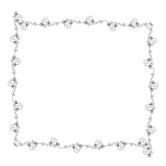 Floral thin elegant autumn square frame decorative outline hand drawn illustration, linear ornament made of leaves and vines for greeting card, invitation, banner, other design purposes