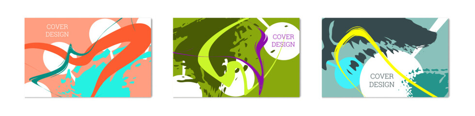 Multicolored background. Paint strokes and geometric elements. Notebook or notebook cover design. Set of 3 backgrounds