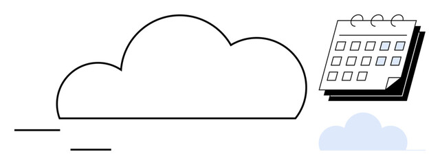 Cloud icon beside a desk calendar combines digital storage and time management. Ideal for productivity, cloud computing, technology, planning, organization, scheduling, and digital collaboration. A
