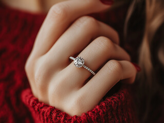 close-up of hand wearing diamond engagement ring with prominent round-cut center stone in prong setting and diamond-studded band, paired with deep red nails and textured red sweater