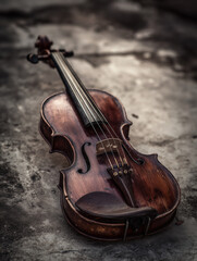 Fototapeta premium close-up of vintage violin with rich dark brown wood and visible wear lying diagonally on rough textured concrete surface for dramatic contrast between delicate craftsmanship and rugged background