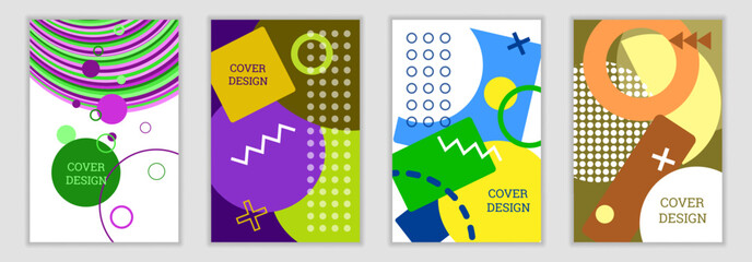 Bright background in Memphis style. Set of 4 geometric cover designs. Vector illustration