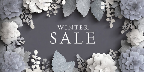 winter sale promotional graphic with gold capital text on dark gray background framed by symmetrical paper-cut style flowers and leaves in white, gray, and light blue tones