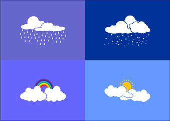 Colorful weather illustration showing rain, snow, rainbow, and sunshine icons on a four-panel background in different shades of blue and purple.