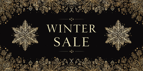 winter sale promotional banner with elegant gold serif text centered on black background surrounded by ornate gold snowflakes and decorative floral patterns in luxurious festive composition
