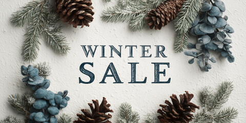 winter sale promotional graphic with bold dark blue text centered on textured white background surrounded by frosted evergreen branches, pinecones, and clusters of blue berries