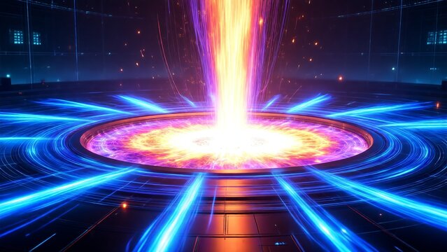 Dynamic futuristic energy core emanating powerful blue and orange light streams within a complex digital abstract environment, symbolizing advanced technology and global connectivity