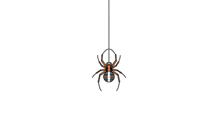 Stylized illustration of a colorful spider with a striped abdomen suspended by its silk thread, isolated on a white background.