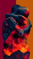 A couple embraces in a vibrant, abstract setting. The background features bold colors and a fiery design, symbolizing passion and connection.