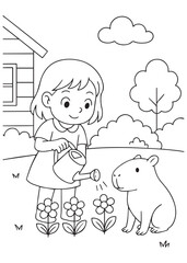 coloring book girl watering flowers with capybara watching