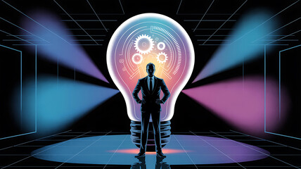 Fototapeta premium Silhouette of a man standing inside a glowing lightbulb with colorful beams of light emanating outwards