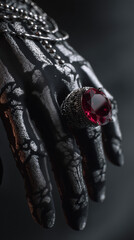 A black hand with intricate skeletal designs holds a large red gemstone ring. The background is dark, enhancing the ring's vibrant color.