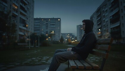 A young Caucasian man with dark hair sits on a bench in an urban park at dusk. Surrounding buildings are modern and dimly lit, creating a serene atmosphere.