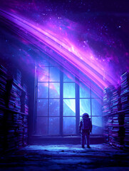 An astronaut stands in a dimly lit library, gazing out a large window at a vibrant cosmic scene filled with stars and colorful nebulae.