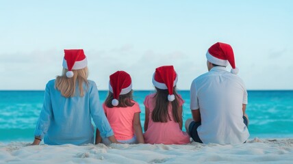 Family in santa hats sitting on the beach during christmas vacation