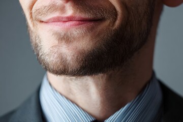 Obraz premium Businessman with a half-smile and raised chin, expressing confidence and determination.